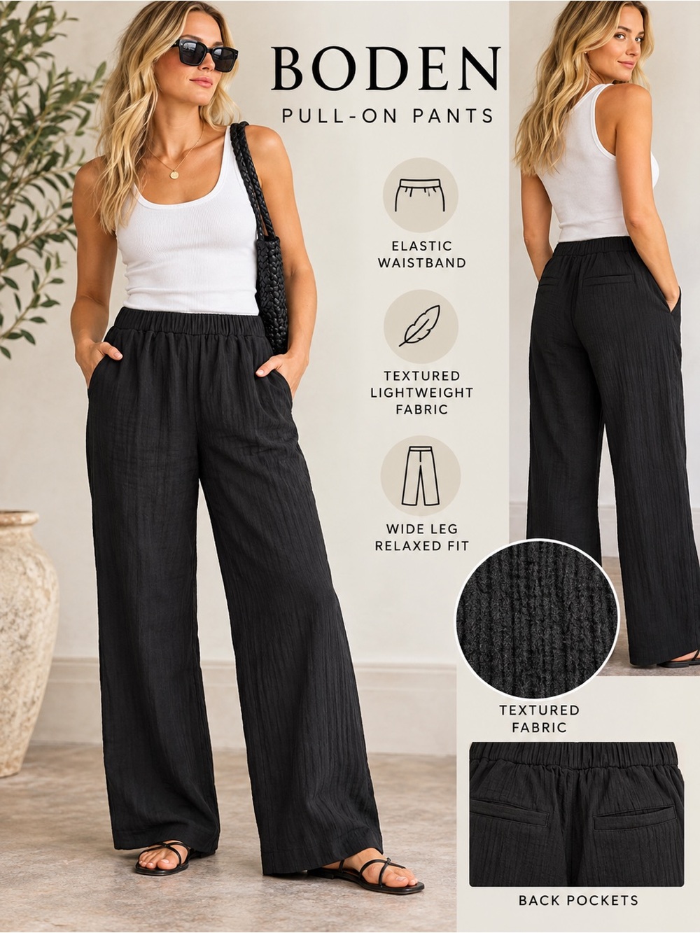 Boden Black Textured Cotton Wide Leg Pull-On Pants Size 8 Long